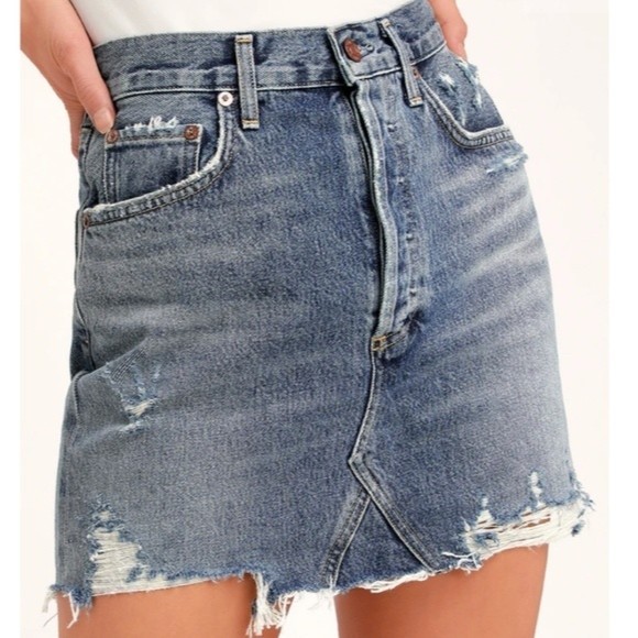 AGOLDE Quinn Denim Mini Skirt Sz 30 High Waist Distressed Raw Hem Jean Skirt - Picture 1 of 7